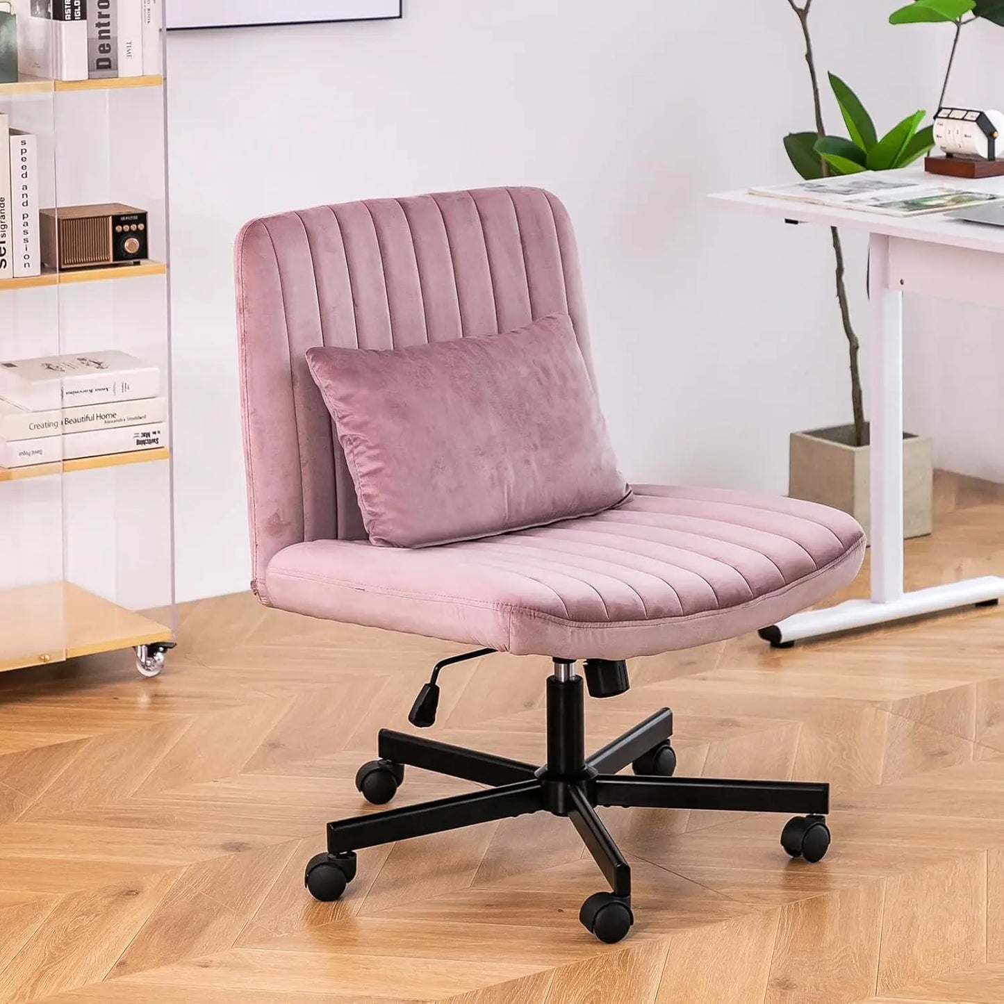 Criss Cross Chair, Office Chair Cross Legged with Wheels, Armless Office Chair, Velvet Desk Chairs with Wheels for Home Office,
