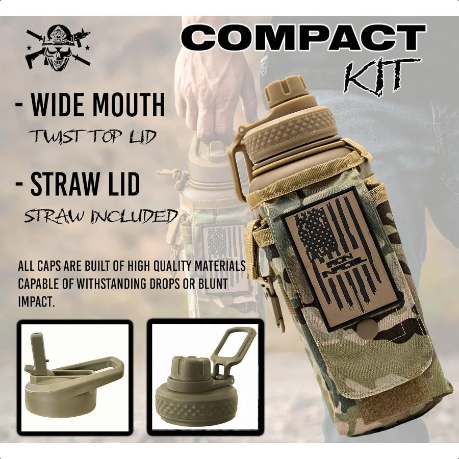 Battle Bottle 32 Oz Insulated Water Bottle with Straw Lid Chug Cap Stainl Steel Metal Tactical Flask With Red Removable Sleeve