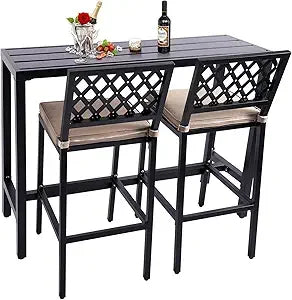 Outdoor Bar Chairs and Table, Metal Outdoor Bar Set, 3 Piece Patio Bar Table Set with Stools & Cushions for Backyard, Porch,