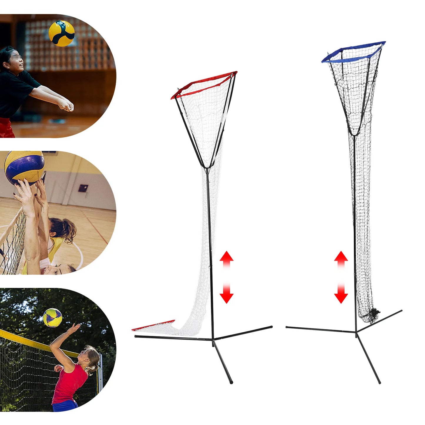 Volleyball Training Iron Net Frame,Black+Blue/Red Free Standing Volleyball Practice Net Adjustable Height and Angle for Patios