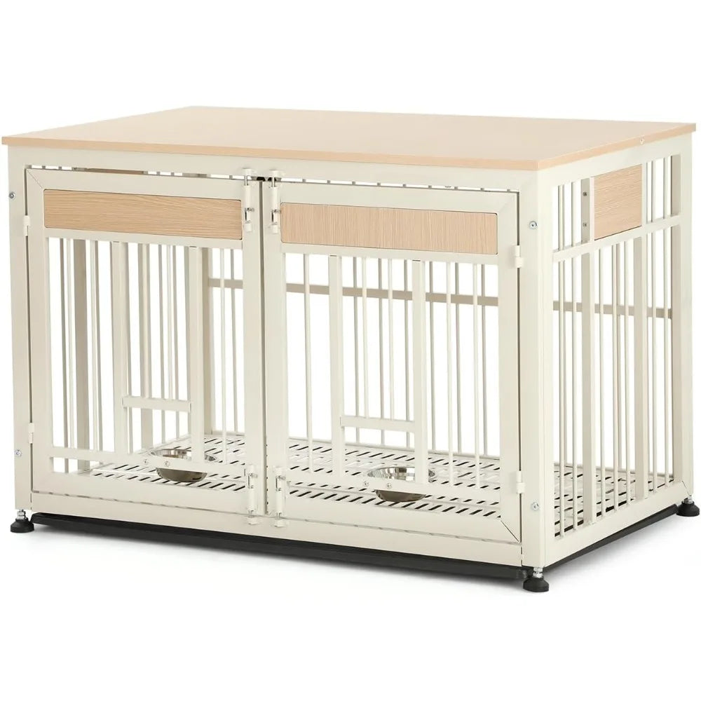 48 Inch Heavy Duty Dog Crate Furniture with Removable Tray & 2 Feeders, Decorative Pet House End Table, Extra Large Wooden