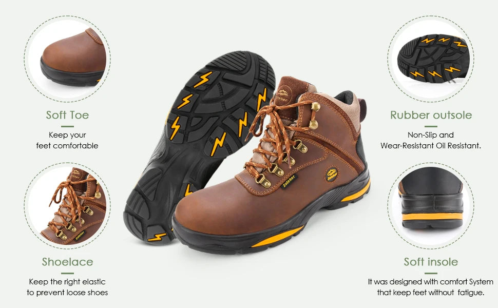 Zoleker Hike Boots for Men,Soft Toe, Slip Resistant Safety Shoes, Waterproof Anti-Fatigue Brown