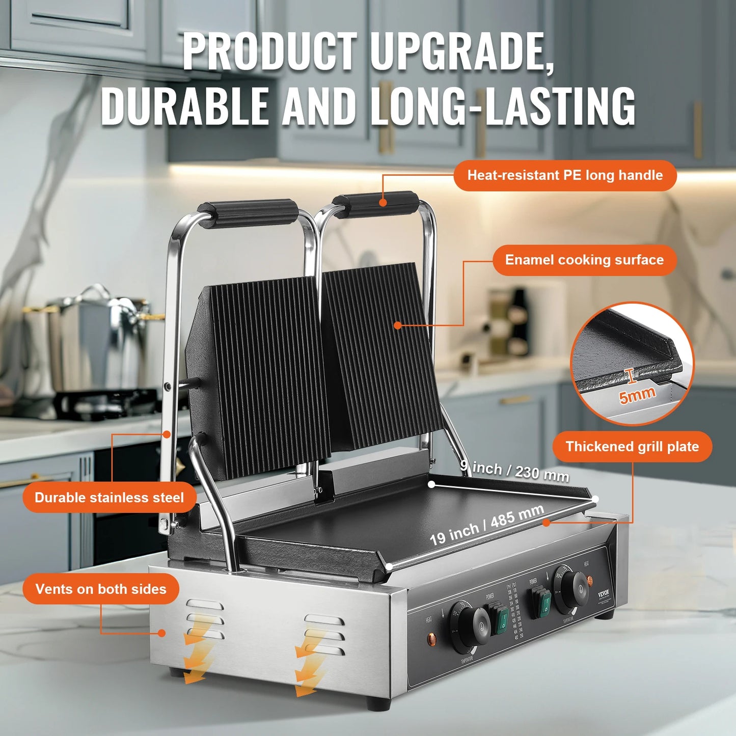 SucceBuy Commercial Panini Grill 3600W Electric Sandwich Panini Maker with Temp Control And 19"x9" for Hamburger Steak Bacon