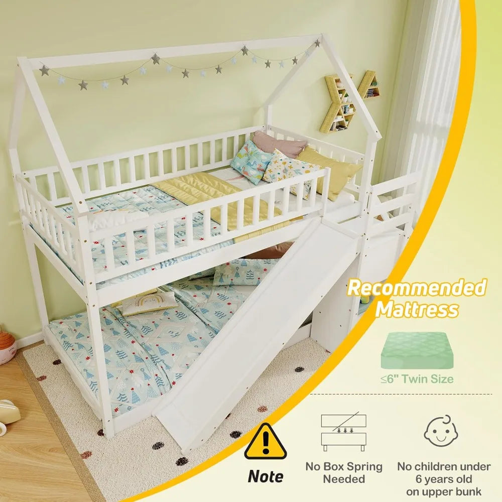 Wood Twin Over Twin Bunk Bed with Slide & Staircase, Twin House Bunk Bed with Safety Guardrails Storage, Floor House Bed Wooden