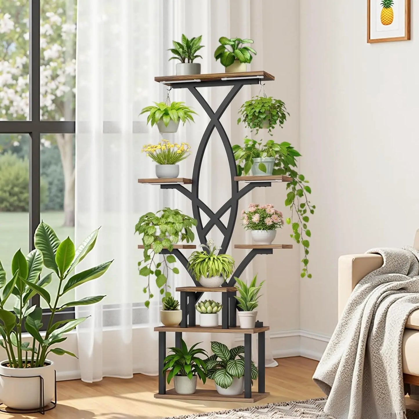 Stand Indoor with Grow Lights - 8 Tiered Plant Shelf with Storage Drawer, 65' Tall Plant Shelf with Grow Light & 2 Hooks, Co