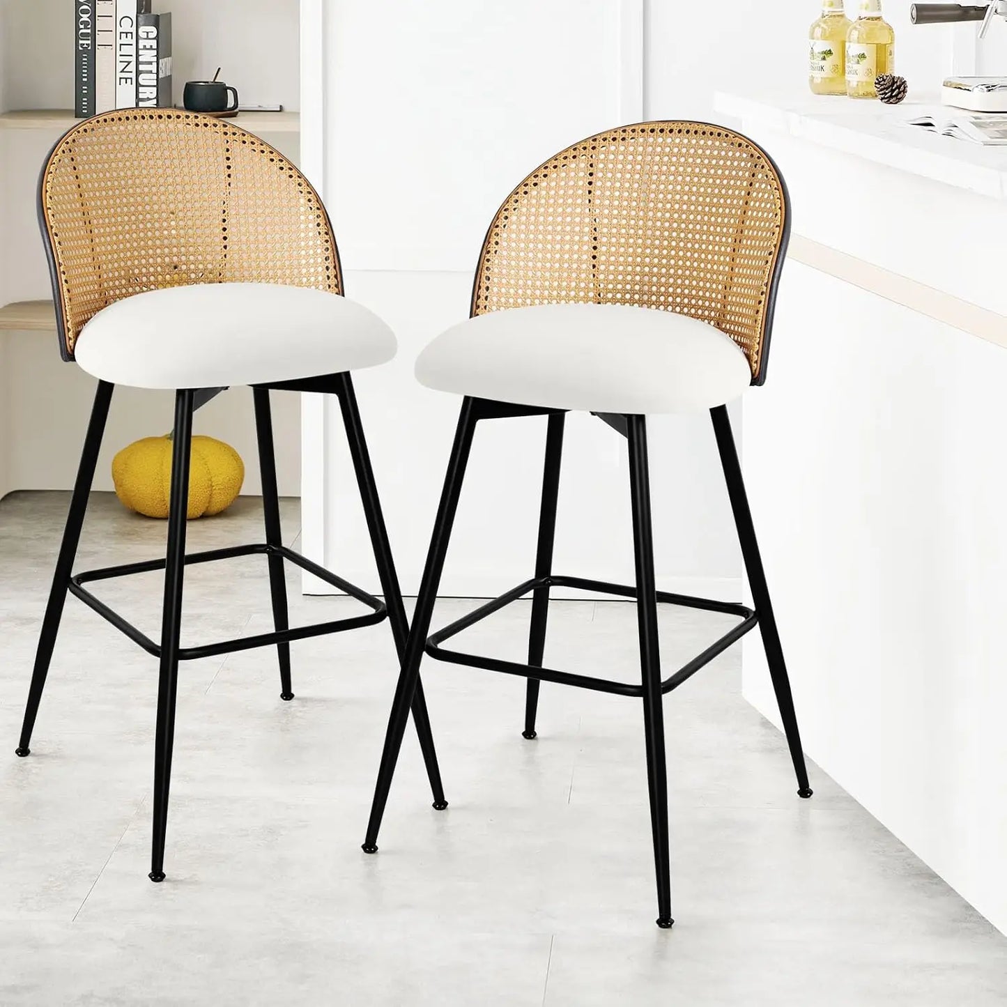 Counter Height Bar Stools Set of 2, 360° Swivel Upholstered Barstools with Rattan Full Back & Metal Legs, PU Leather 26" Mid