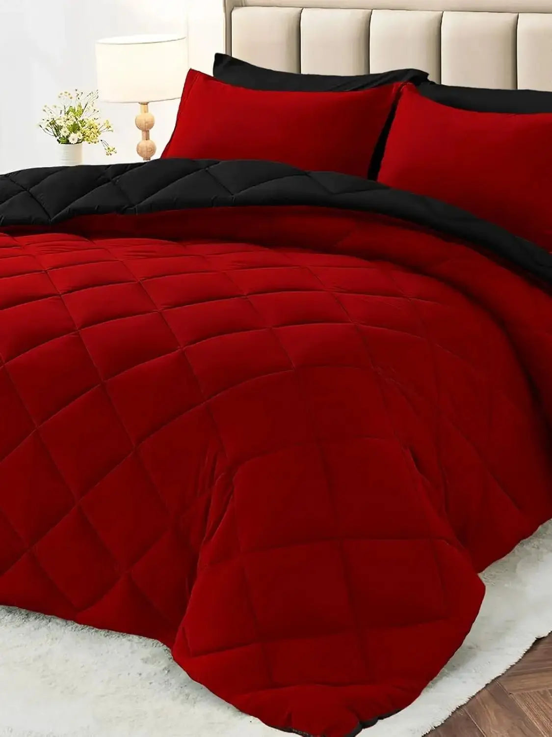 Reversible Comforter Set Queen/King Size, All Season Bedding Set with Ultra Soft Comforter, Pillow Shams, Red & Black