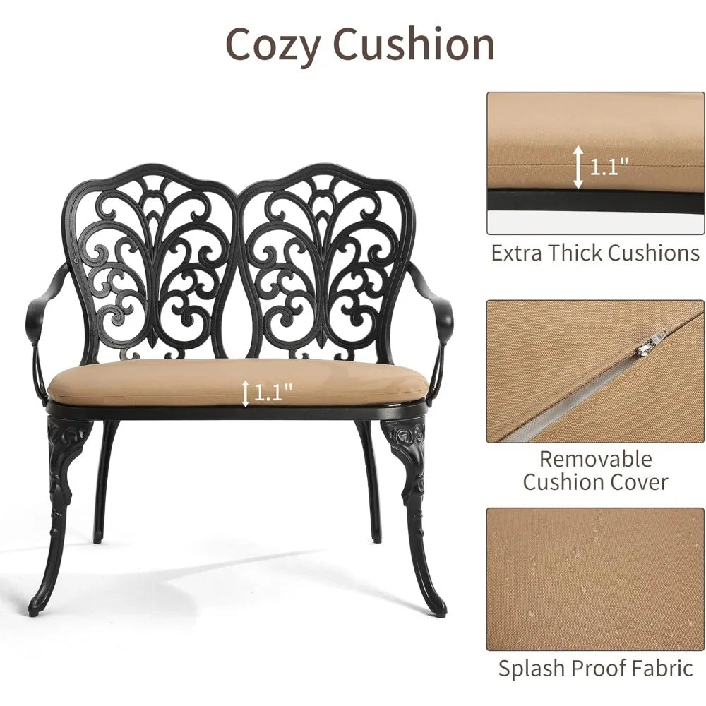 outdoor furniture Outdoor Bench with Cushion - Patio Garden Benches Metal Loveseat Butterfly Cast-Aluminum Outside Furniture