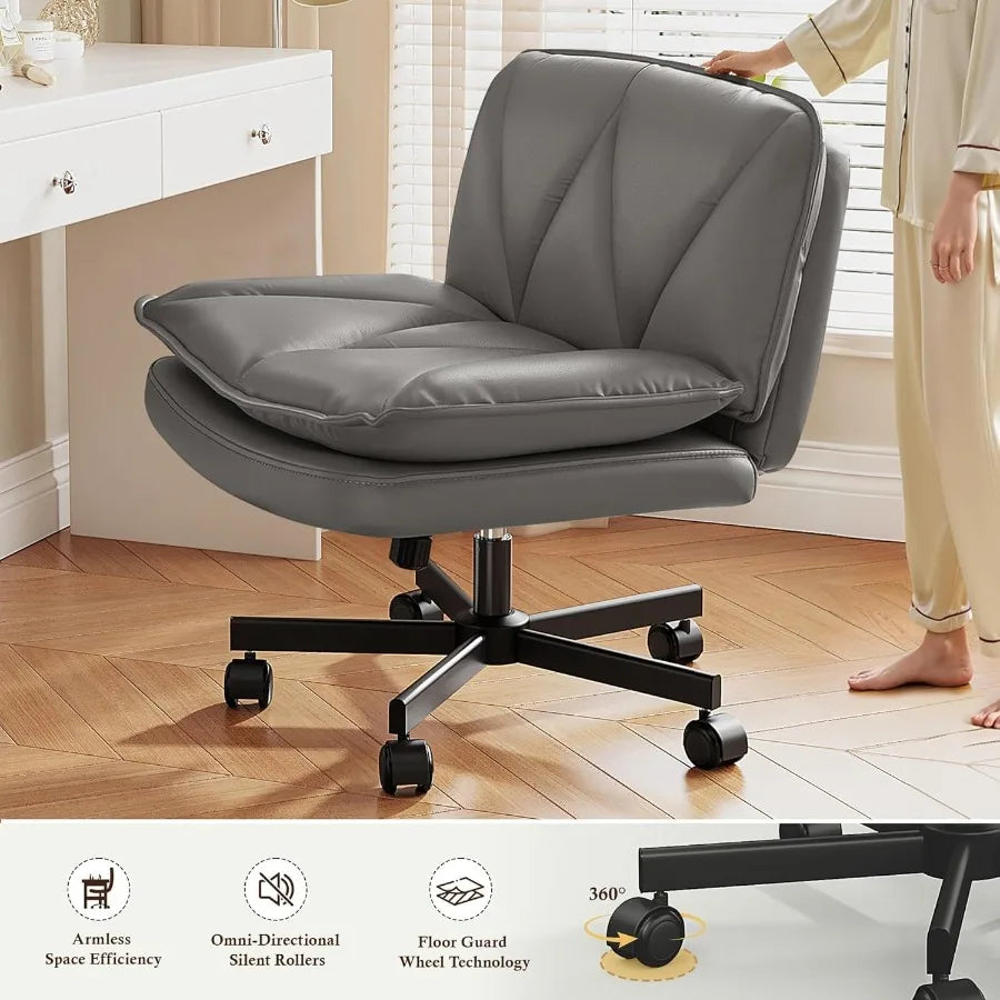 Armless 25.5 Wide Criss Cross Chair with Wheels Leather Cross Legged Office Chair with 2Layer Cushion Swivel Modern Home Office