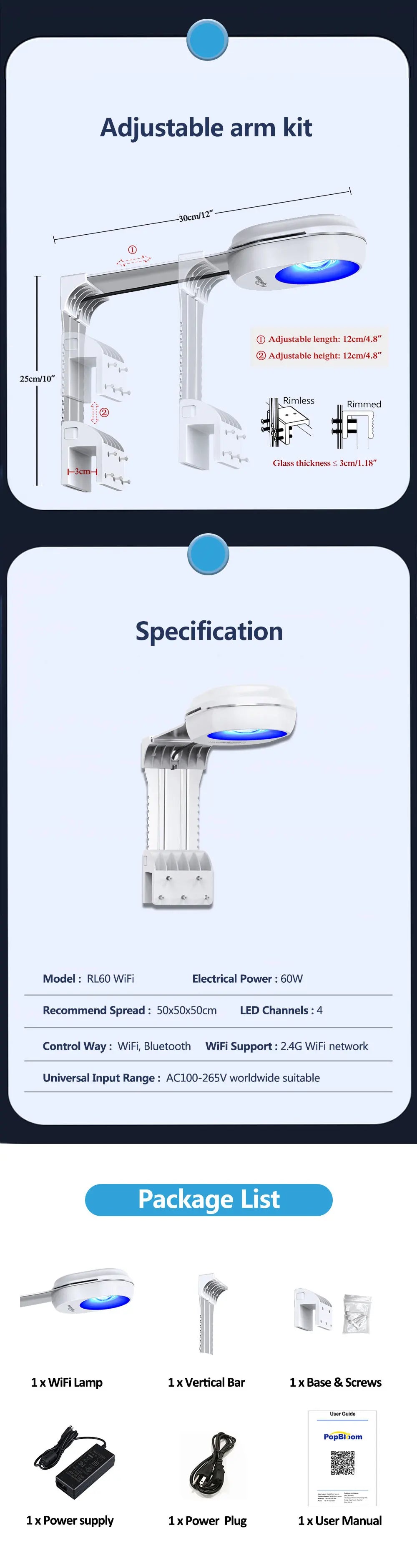 PopBloom WiFi Marine Aquarium Light RL60/RL90, Full Spectrum Aquarium Lamp LED For Coral SPS/LPS Nano Tank, Include Arm Mount