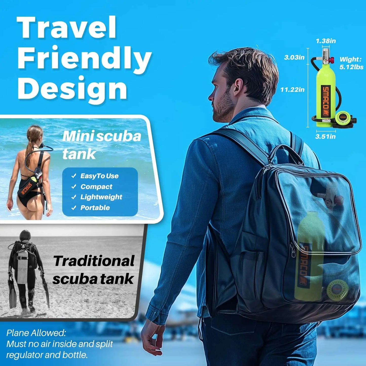 SMACO Portable Scuba Tank Kit 1L Capacity, 15-20 Minute Air Dive Time Lung Tank