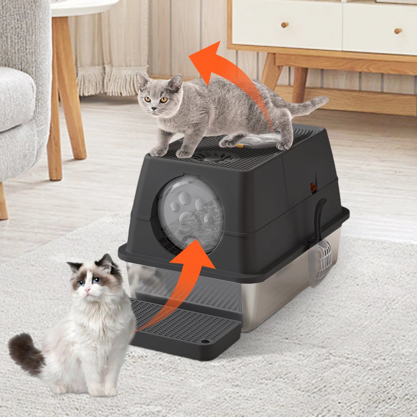 Stainless Steel Cat Litter Box, High Sided Enclosure Cat Toilet With Lid, Front And Top Door, Sand Filter Pedal & Litter Scoop
