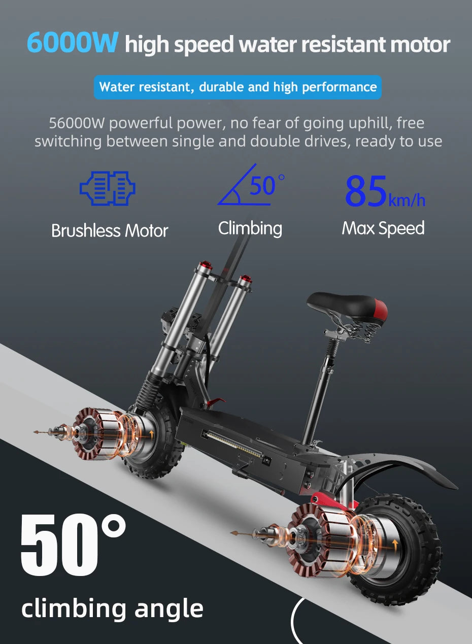 11inch Off Road Electric Scooter Dual Motor 85km/h Electric Scooter Adult 72V 6000W Powerful Electric Kick Scooter for Adults