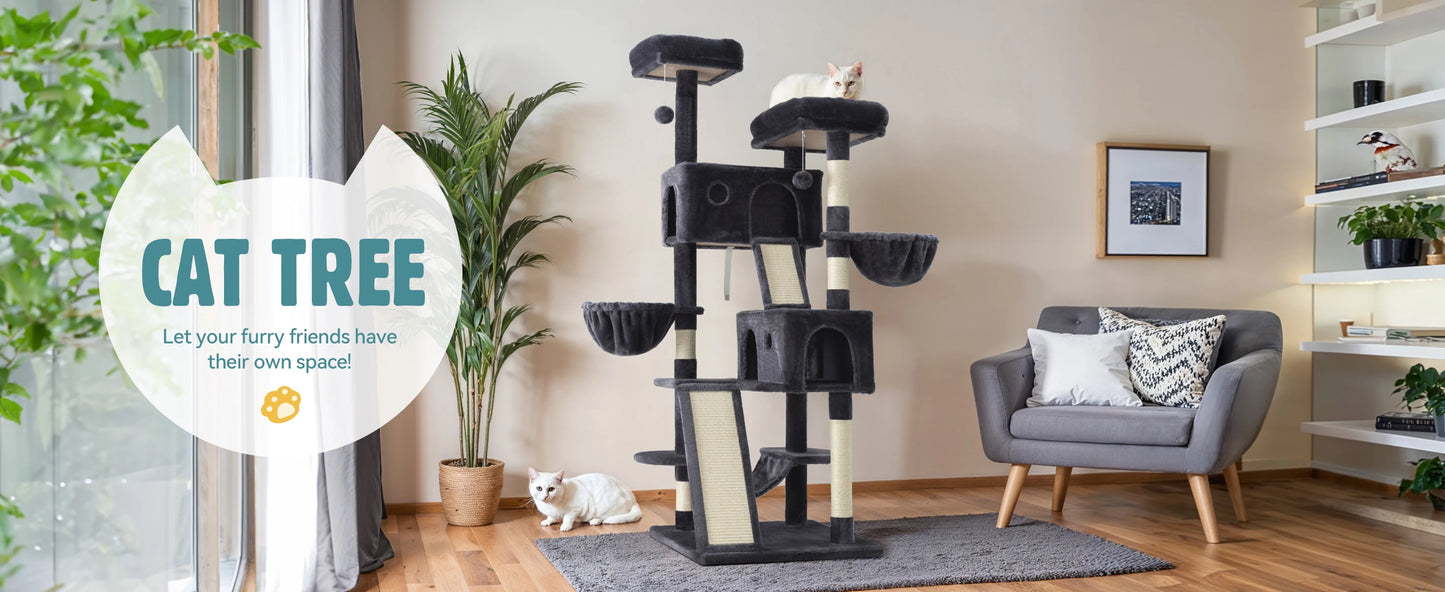 HOOMIC 65in Multi-Level Large Cat Tree Tower/Cozy Plush Cat Perches/Cat Condo with Baskets/Sisal Scratching Post Allewie