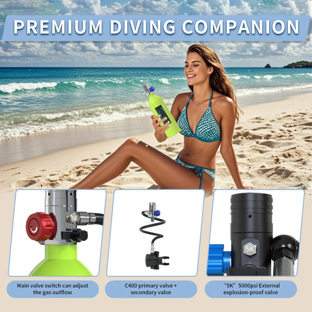 Mini Scuba Tank for Diving, Portable Lung Tank System 1L, 3000 PSI, 15-20 Min Emergency Air, Lightweight Travel Gear