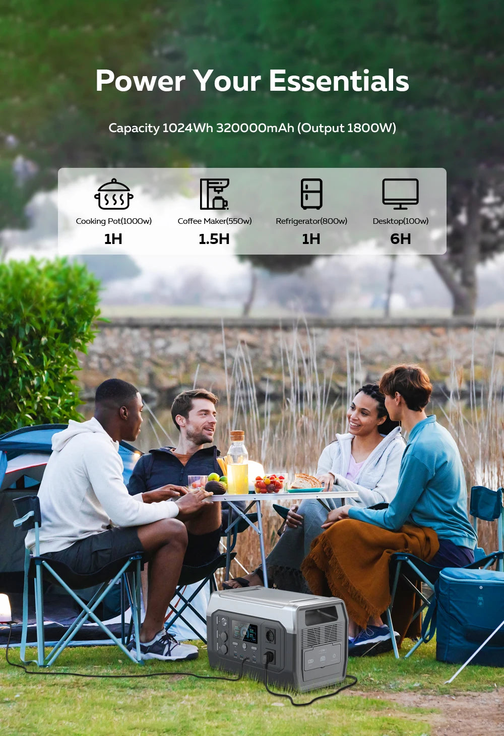 XP1000 1024Wh 220V 1800W(110V 1600W) Portable Power Station, Lifepo4 Battery, UPS Function, 400W 200W Foldable Solar Panel