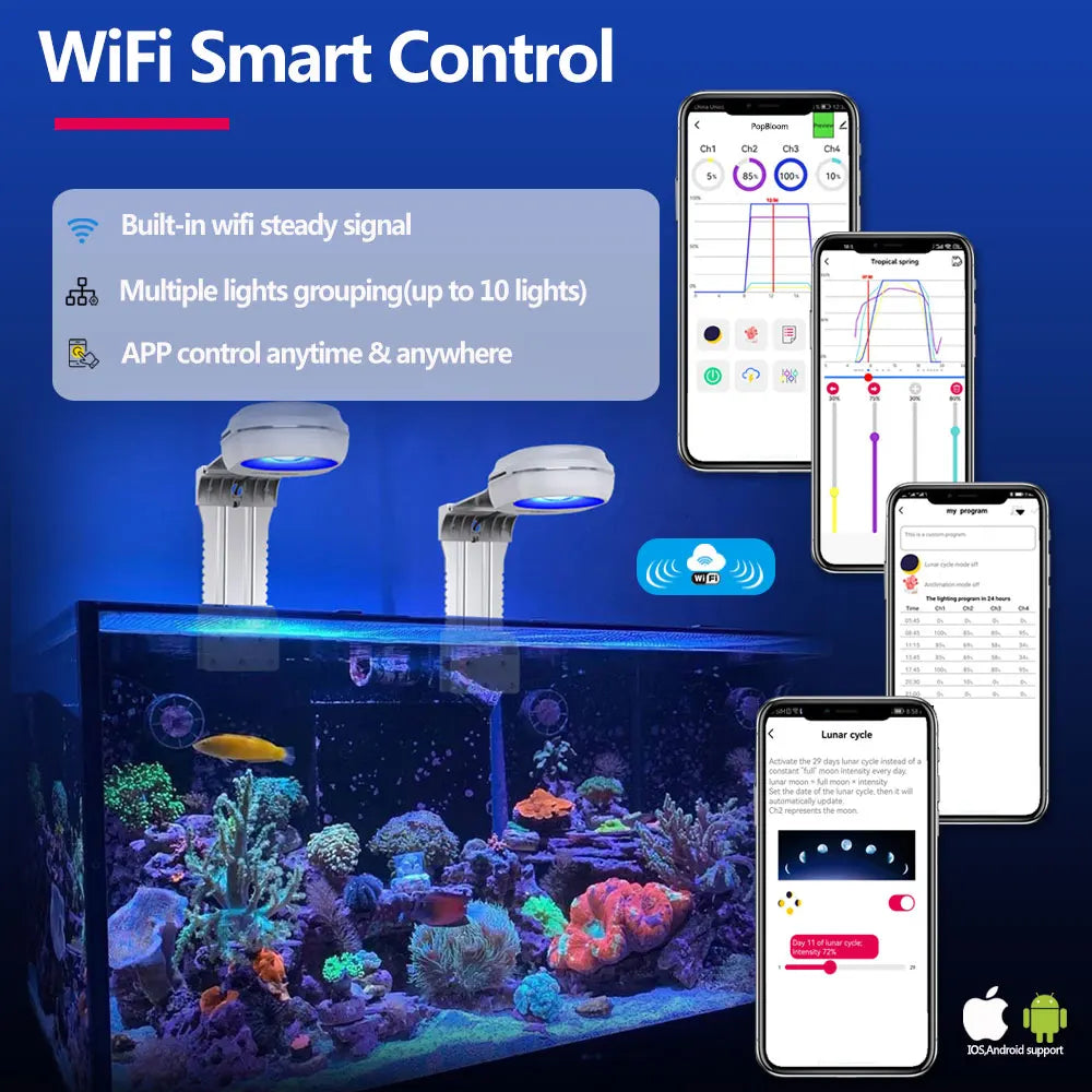PopBloom WiFi Marine Aquarium Light RL60/RL90, Full Spectrum Aquarium Lamp LED For Coral SPS/LPS Nano Tank, Include Arm Mount