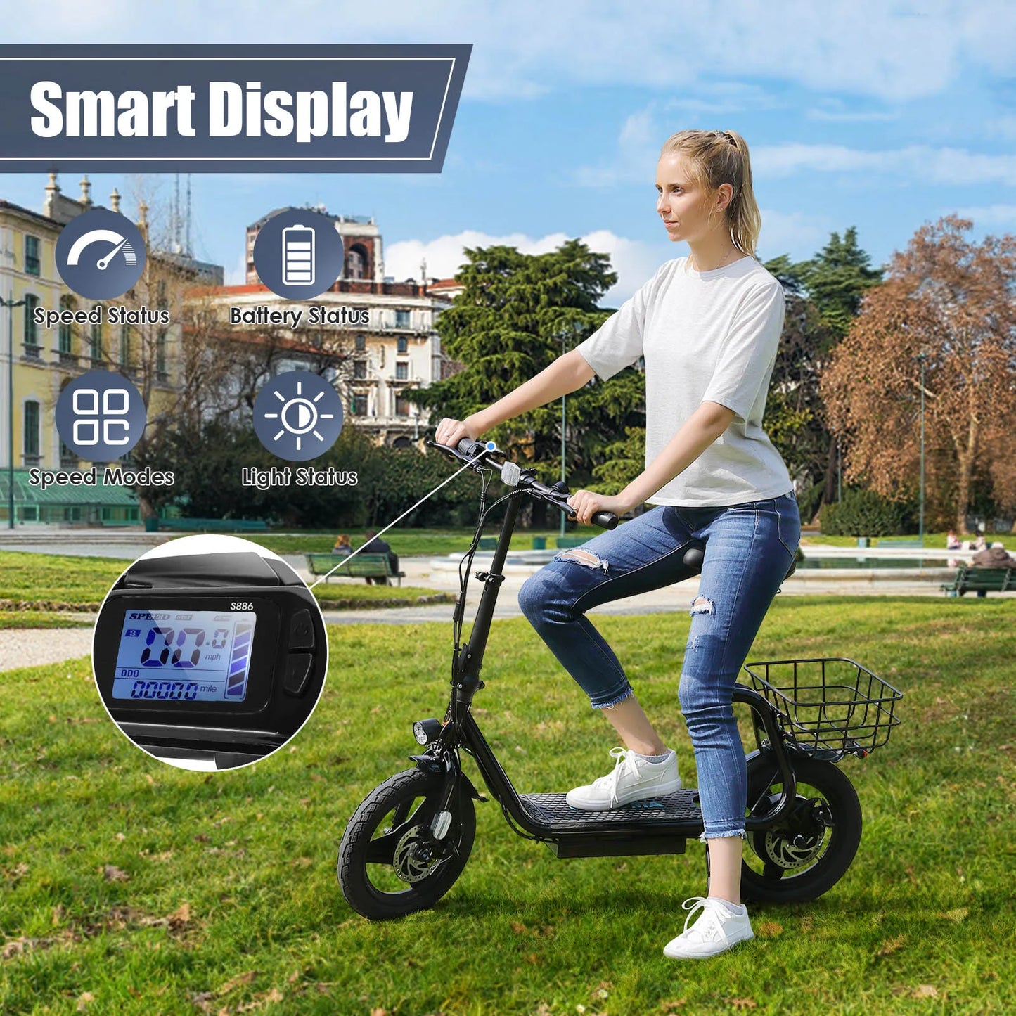 Peak 1200W Electric Scooters for Adults 14" Tire, 500Wh Battery, 30Miles Range, 20MPH Top Speed, Adjustable Electric Scooter
