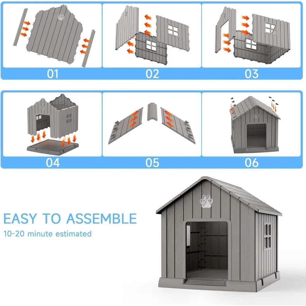 Dog House Outdoor Indoor,Dog Kennel Weatherproof Resin Shelter with Air Vents and Elevated Floor for Small Medium Large Dogs,Eas