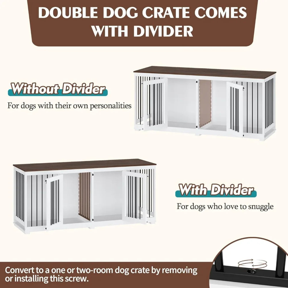 70.9" Large Double Dog Crate Furniture, Wooden Dog Kennel House with Divider & 2 Trays, for Large or 2 Medium Breeds Indoor