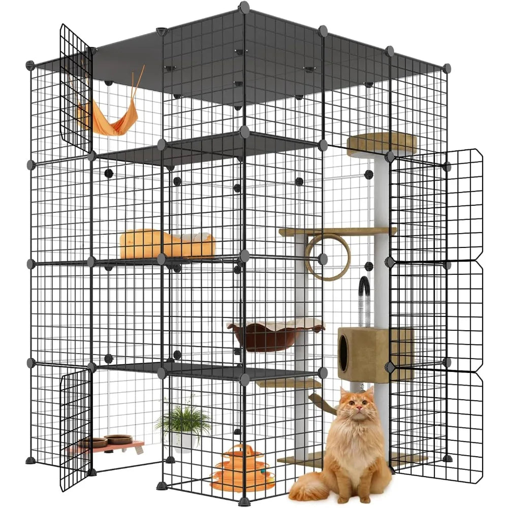 Large Cat Cage, Enclosures Indoor with Balcony, DIY Playpen Detachable Metal Wire Kennels Crate 3x3x4 Large Exercise Place Ideal