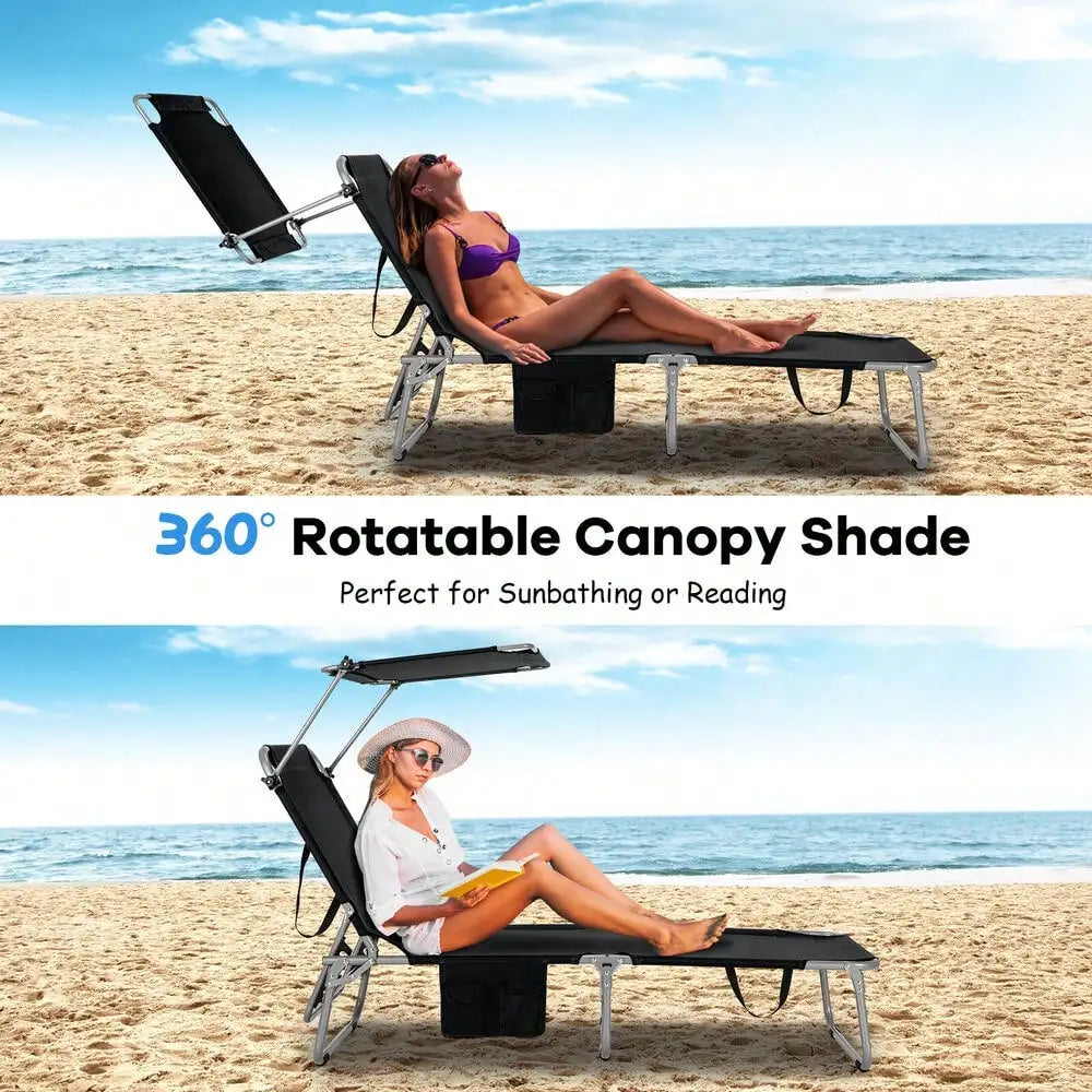 Foldable Lounge Chair Adjustable Outdoor Beach Patio Pool Recliner Black W/ Sun