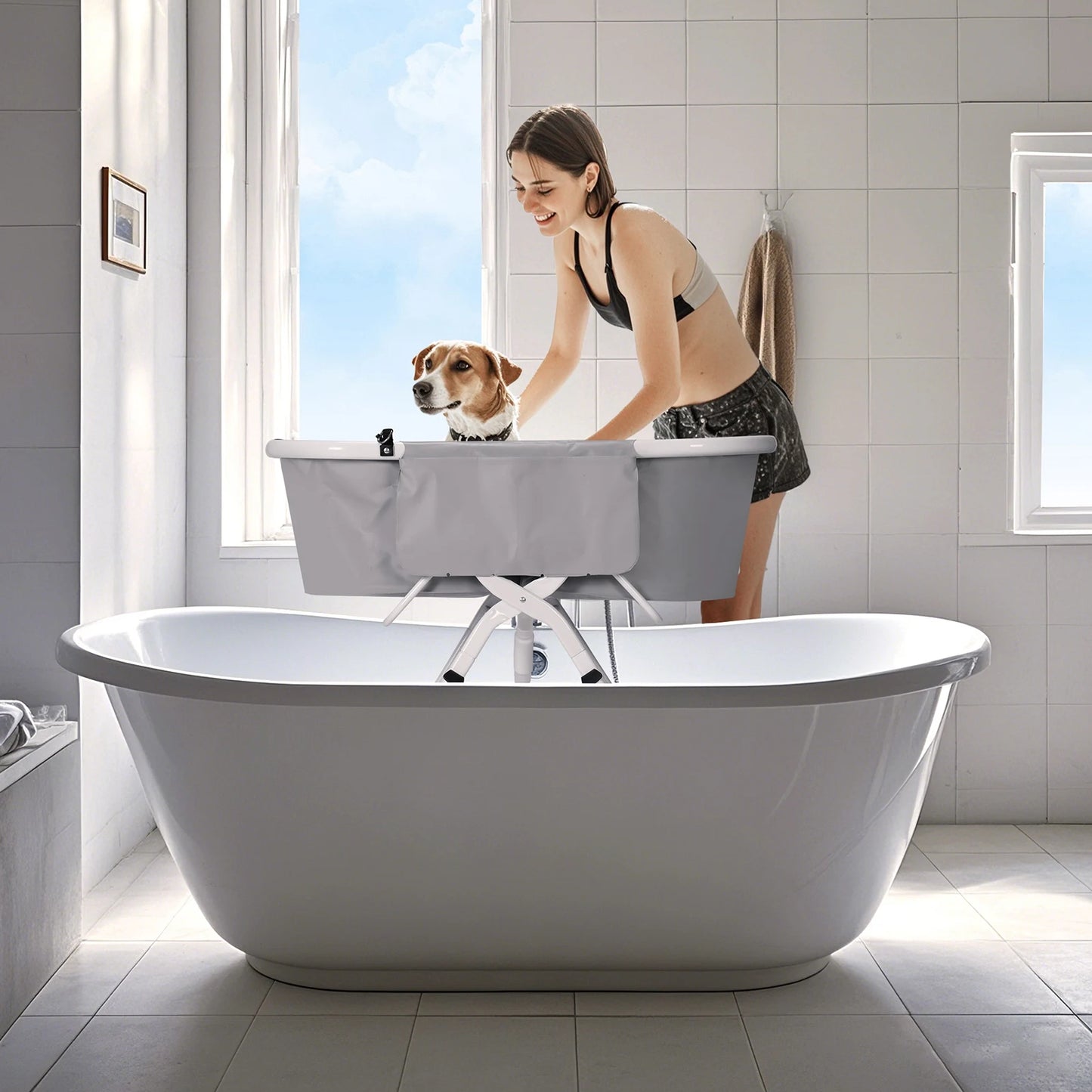 Portable Dog Bath Tub Collapsible Pet Bathtub Space Saving Adjustable Height Pet Bathing Tub with Shower Hole for Cats and Dogs