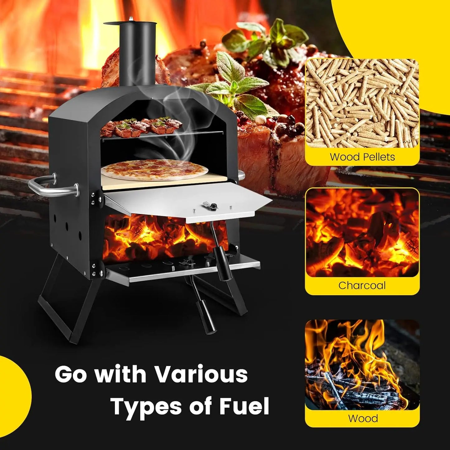 Outdoor Pizza Oven Wood Fired 2-Layer Pizza Maker with Pizza Stone Pizza Peel Removable Cooking Rack Waterproof Cover Folding Le