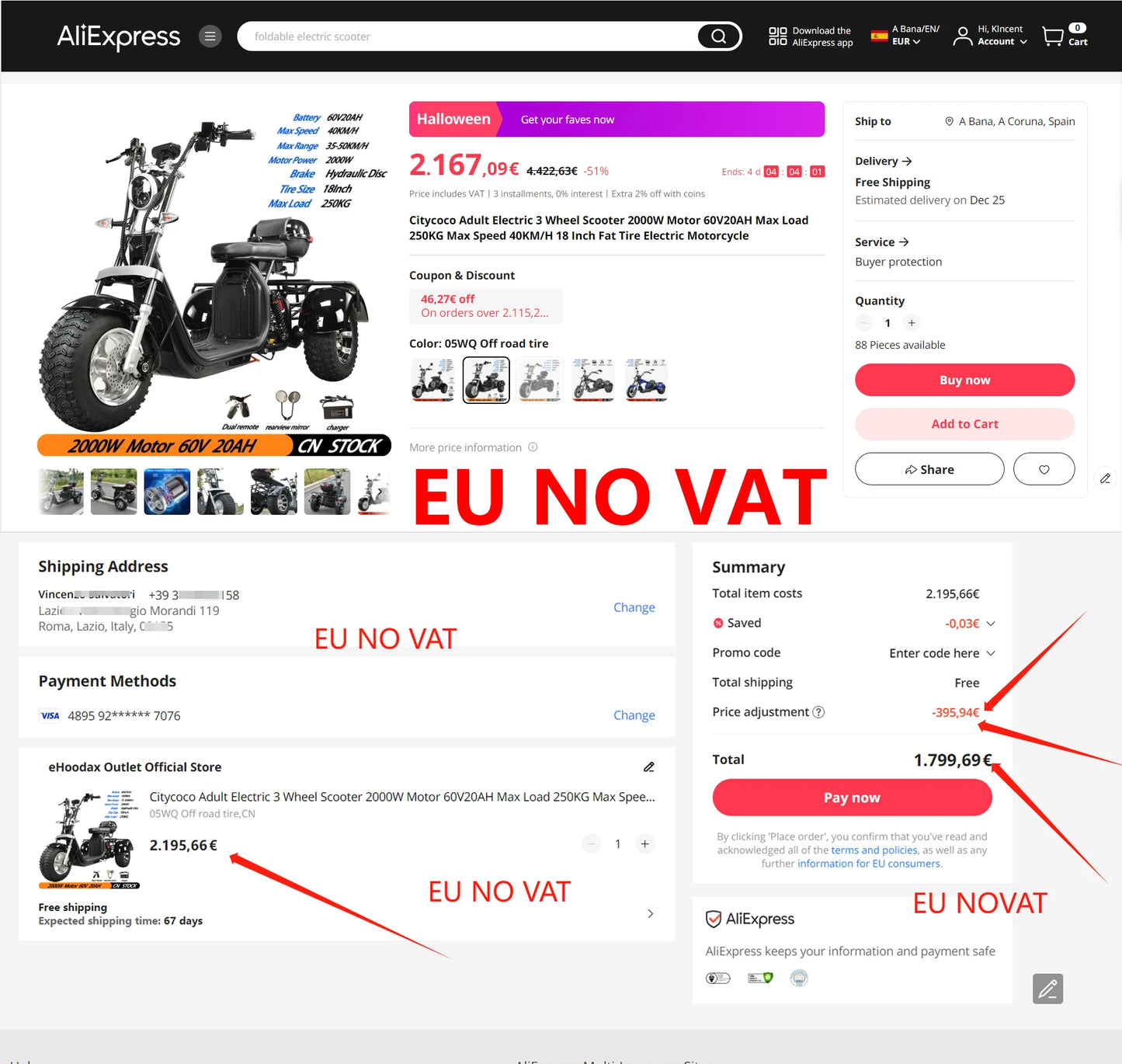 Citycoco Electric Scooter 4000W Powerful Motor Max Speed 60-70KM/H 60V25AH Battery Charging Mileage 40-60KM Max Load 250KG
