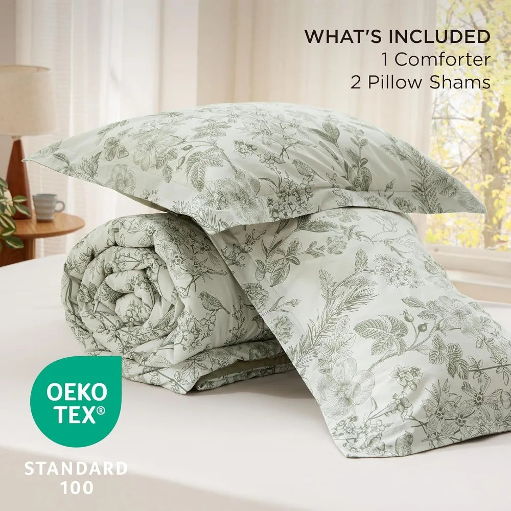 King Size Floral Comforter Set - 100% Cotton and Microfiber Filled, Sage Green 3-Piece Bedding