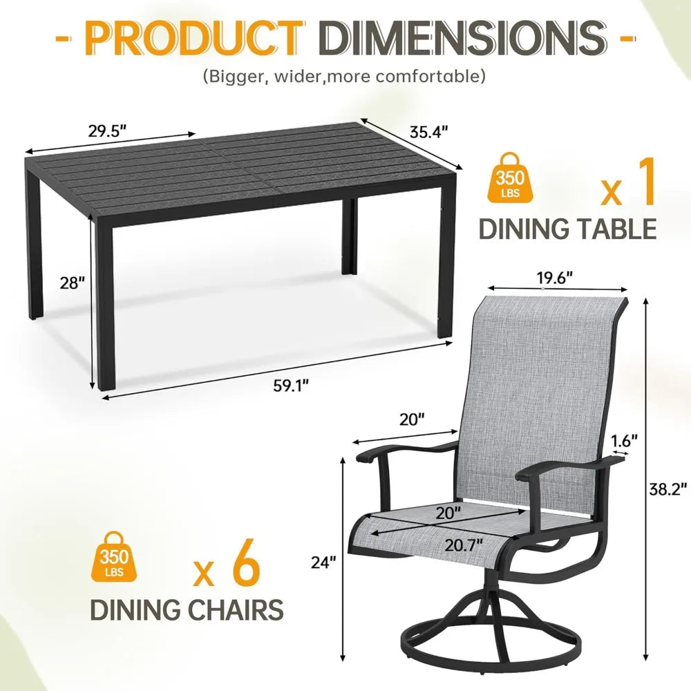 7-Piece Outdoor Patio Dining Set with 6 Swivel Patio Chairs and 59"x 35" Rectangular Dining Table, All Weather Patio Dining
