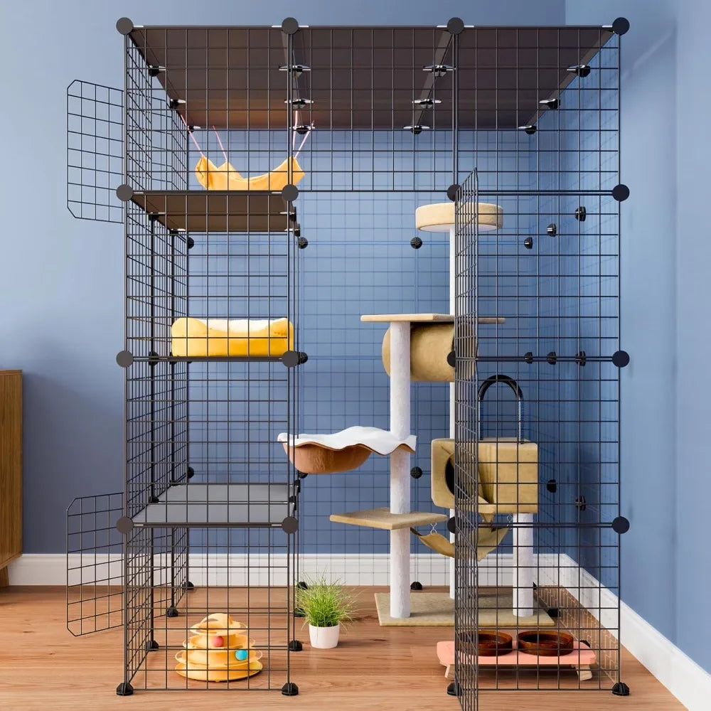 Large Cat Cage, Enclosures Indoor with Balcony, DIY Playpen Detachable Metal Wire Kennels Crate 3x3x4 Large Exercise Place Ideal