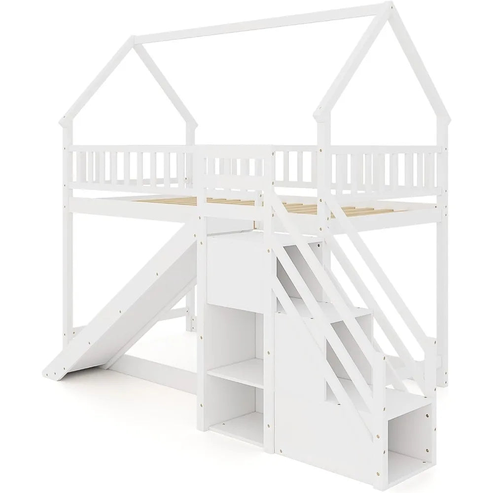 Wood Twin Over Twin Bunk Bed with Slide & Staircase, Twin House Bunk Bed with Safety Guardrails Storage, Floor House Bed Wooden