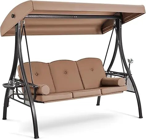 3 Person Outdoor Porch Swing with 1.5" Upgraded Cup Holder, Adjustable Canopy, Backrest, Patio Swing Bed with Weather Resistant