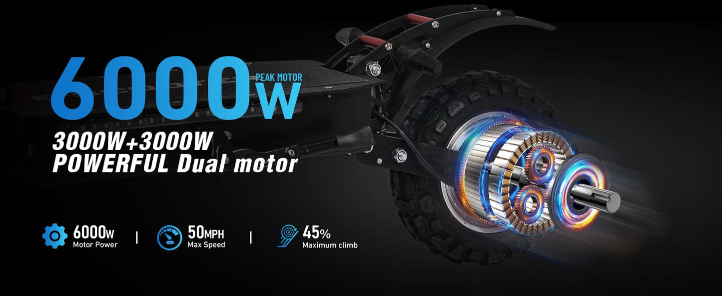 6000W High Power Adult Electric Scooter Off-Road Commute Foldable 60V 38Ah Large Battery 60 Miles Range 50 Mph Fast E-Scooter