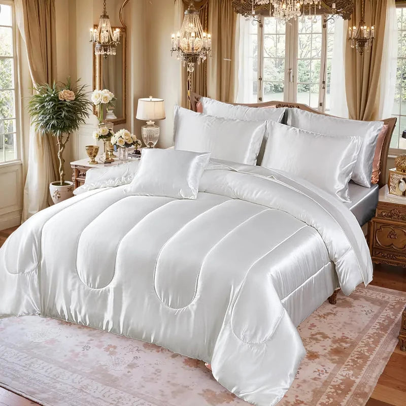 3pcs Reversible Silky Bedding Set, Luxury Soft Satin Comforter with 2 Satin Pillowcases, Lightweight Duvet Insert for All Season
