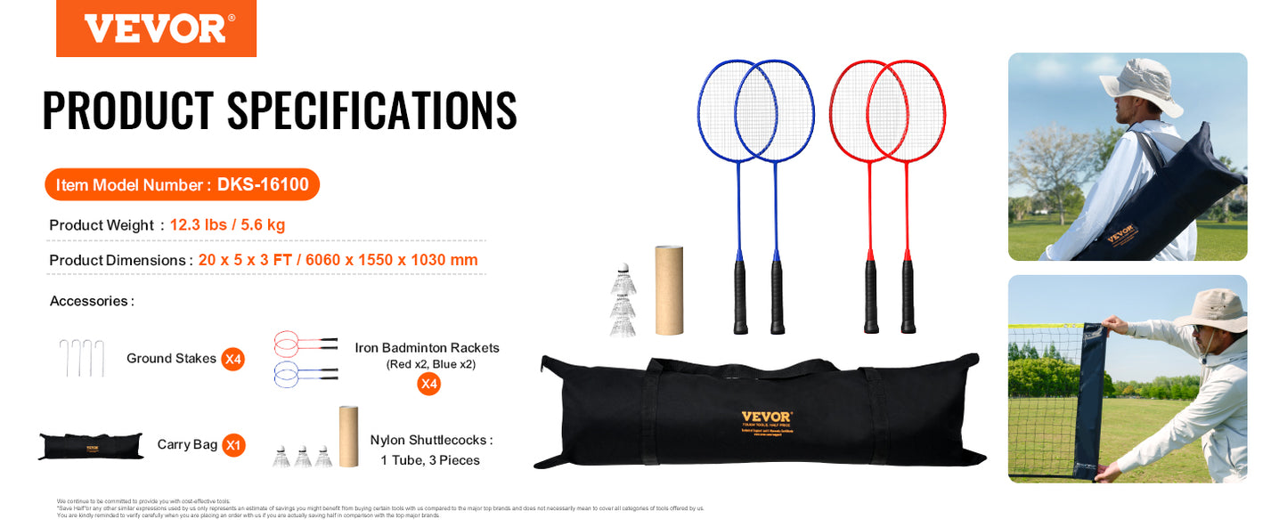VEVOR 20FT Badminton Net Height Adjustable Volleyball Net Wide Foldable Pickleball Net Portable Tennis Net Set with Poles Stand