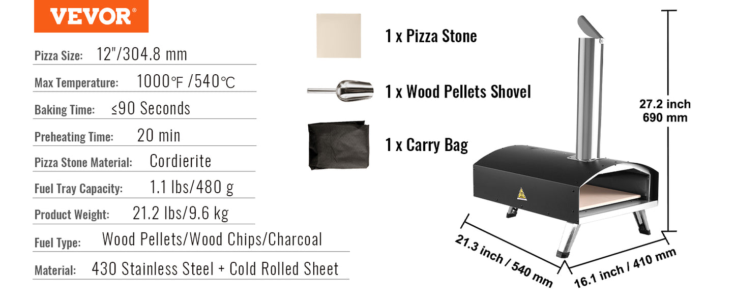 VEVOR 12inch Outdoor Oven Charcoal Fired Maker Portable Outside Stainless Steel Grill&Pizza Waterproof for Backyard Camping