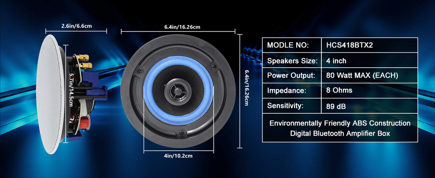 Herdio 4 " 320 Watts 2-Way Bluetooth Ceiling Speakers Package Perfect For Home Theater System Living Room Flush Mount 4 Speaker