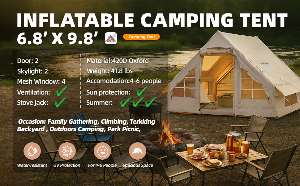 9.8' x 7' Inflatable Camping Tent,4 Season Blow up Tents for Camping, 4-6 Person Inflatable Tent with Jack Stove
