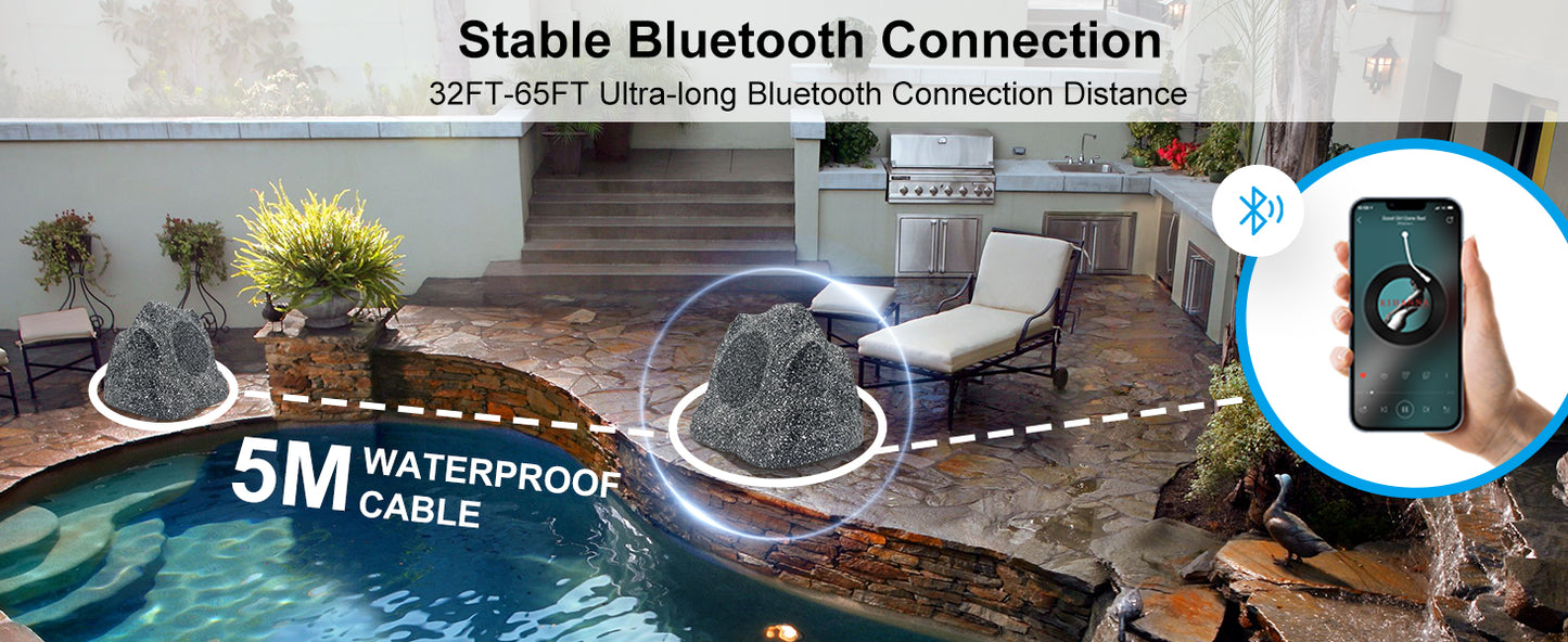 Herdio 8" Outdoor Bluetooth Rock Speakers HD Digital Stereo Effect Tweeter Waterproof Resin Material a Pair for Garden Pool