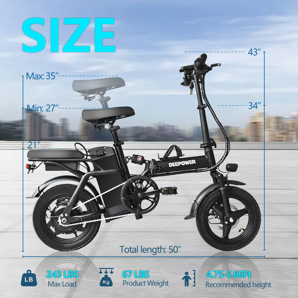 Deepower 14 Inch Foldable Electric Bicycle 400W Motor 48V 15AH Adult Mini Electric Bike Suitable for City Commuting Travel EBike