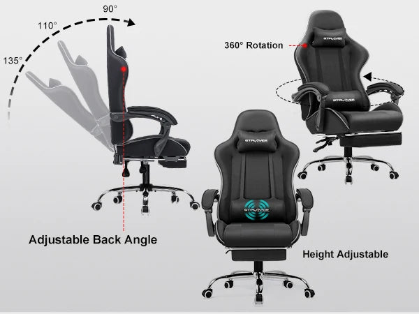 GTPLAYER Gaming Chair with Footrest, Lumbar Support, Adjustable Height, Swivel, Headrest for Office/Gaming