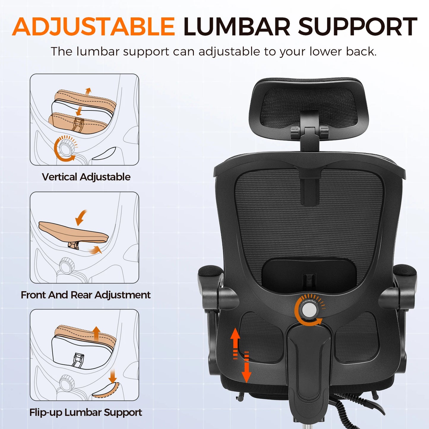 Office Chair: High Back Ergonomic W/ 3D Adjustable Lumbar, Headrest, Footrest, Reclining Mesh & Linkage Armrest