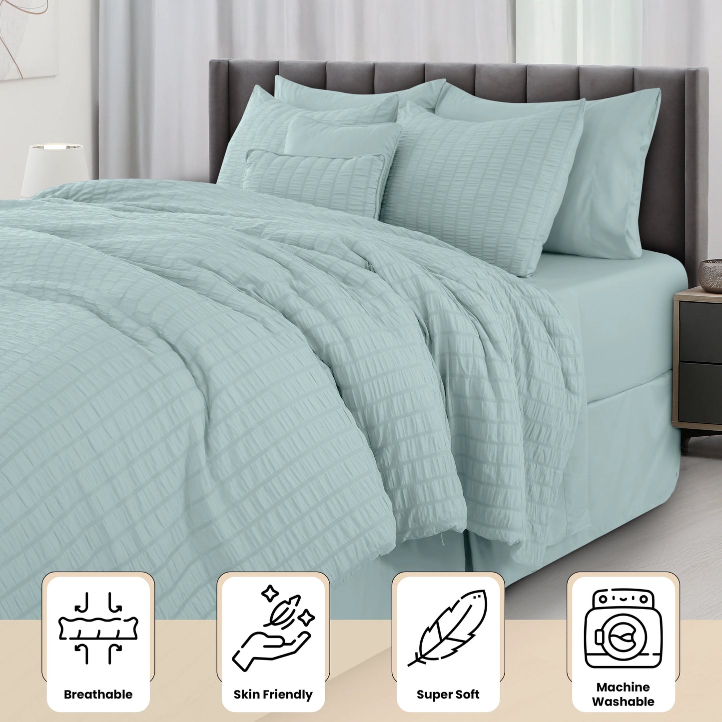 Lux Décor 10-Piece Comforter Set – Seersucker Lightweight Bedding with Sheets, All-in-One Bed-in-a-Bag for Year-Round Comfort