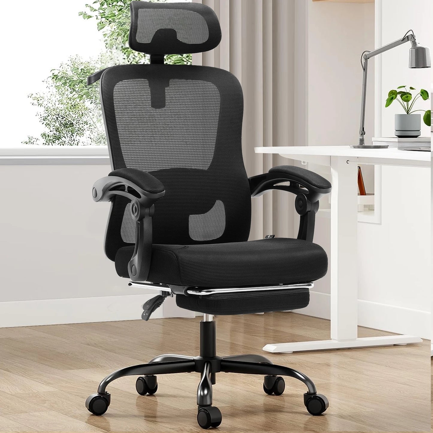 Office Chair: High Back Ergonomic W/ 3D Adjustable Lumbar, Headrest, Footrest, Reclining Mesh & Linkage Armrest