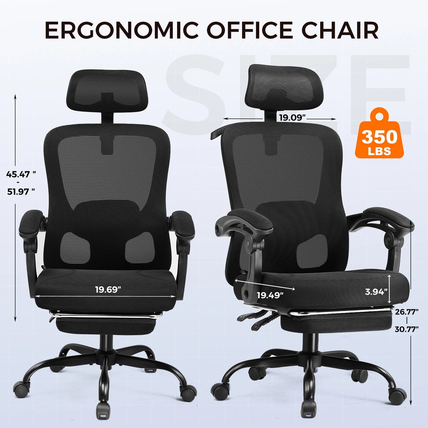 Office Chair: High Back Ergonomic W/ 3D Adjustable Lumbar, Headrest, Footrest, Reclining Mesh & Linkage Armrest