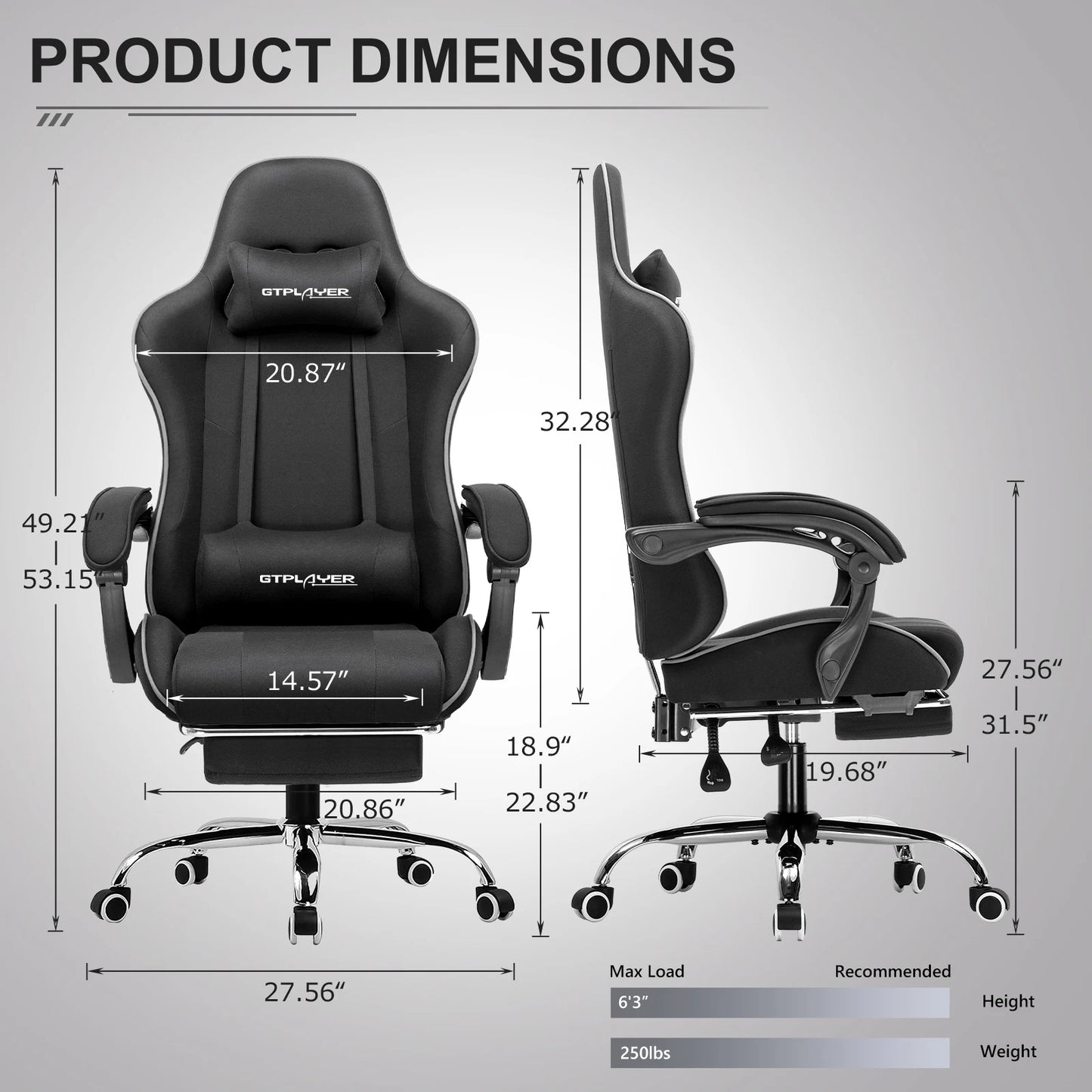 GTPLAYER Gaming Chair with Footrest, Lumbar Support, Adjustable Height, Swivel, Headrest for Office/Gaming