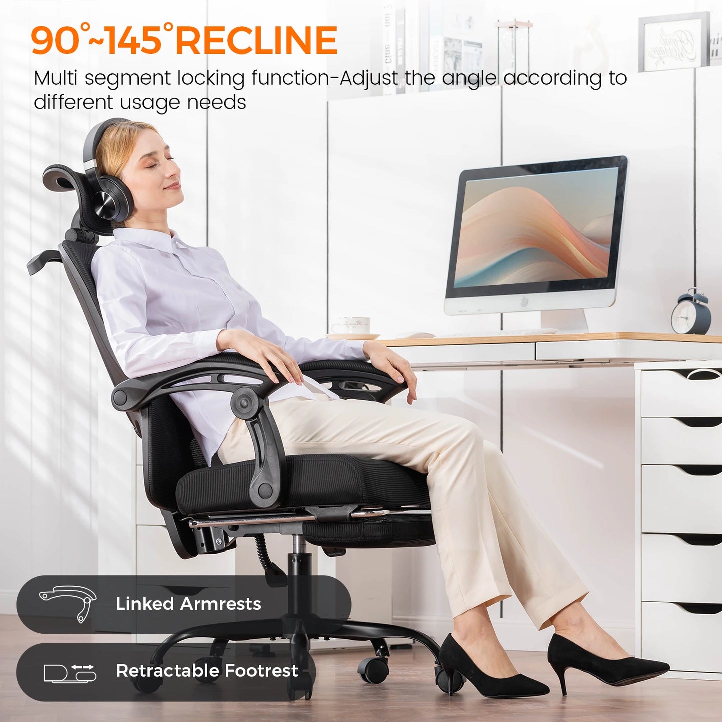 Office Chair: High Back Ergonomic W/ 3D Adjustable Lumbar, Headrest, Footrest, Reclining Mesh & Linkage Armrest