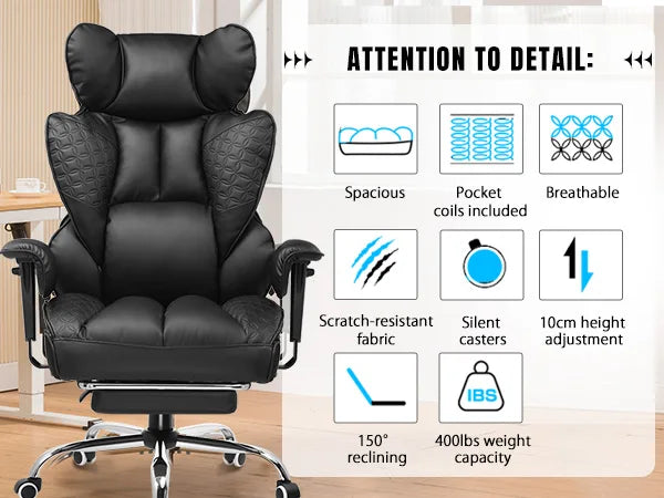 Office Chair Ergonomic Leather High Back Gaming Chair with Footrest, Adjustable Armrests